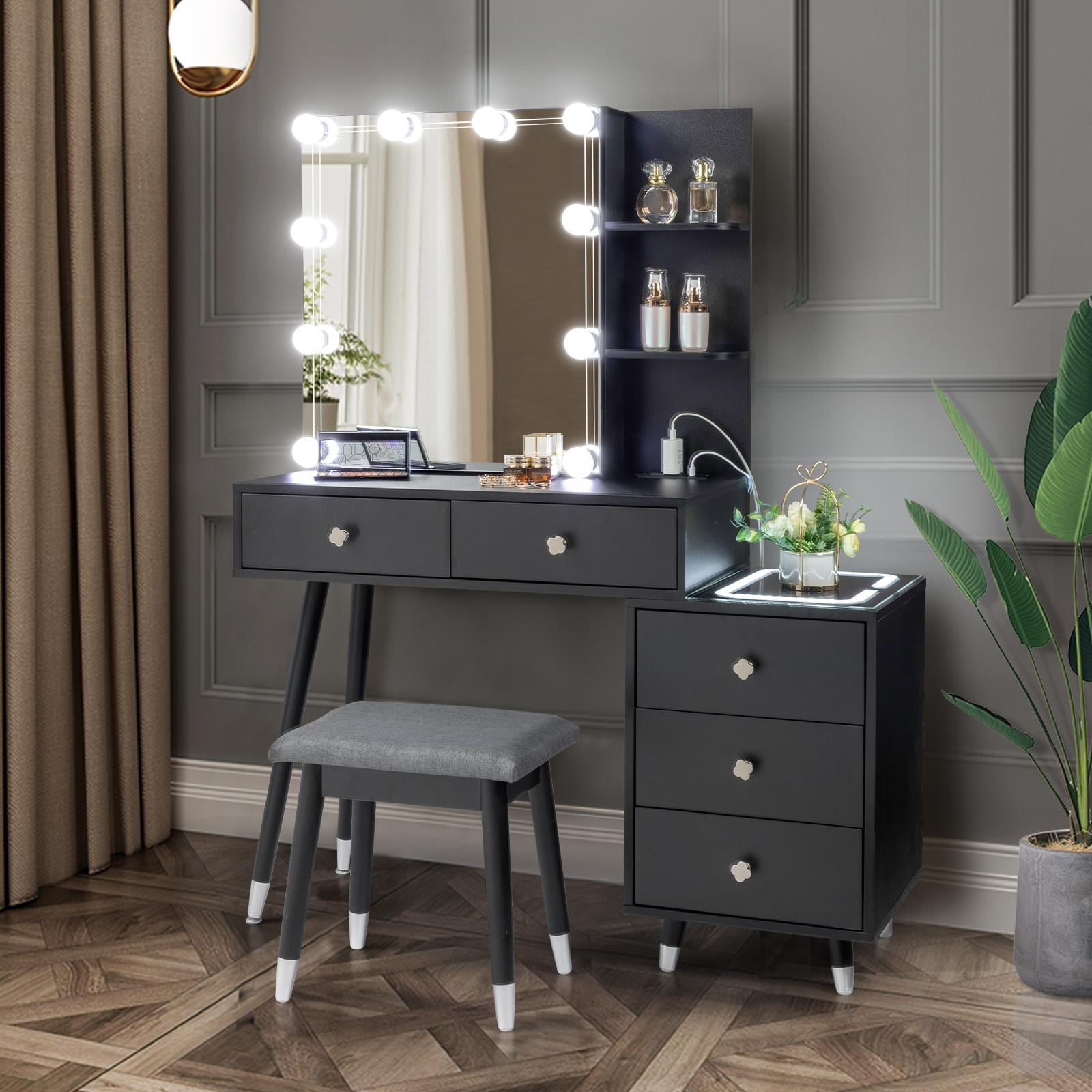 Ktaxon Vanity Table Set with LED Nightstand, Makeup Table with Lighted