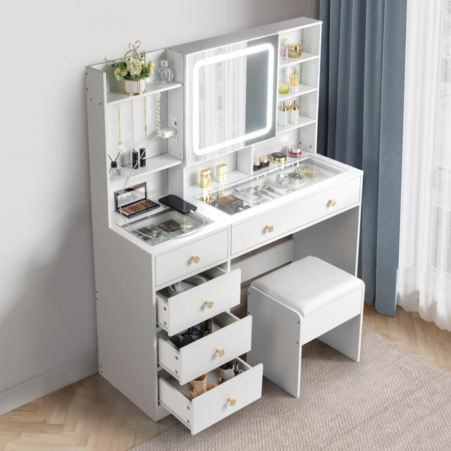 Ktaxon Lighted Vanity Table Set with Mirror, USB Charging Station