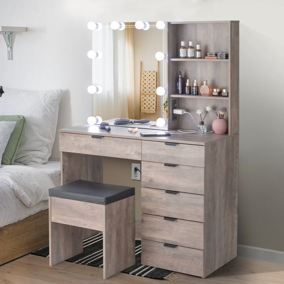 Ktaxon Vanity Table Set with 3 Color Light, Makeup Vanity Desk with 6 Drawers, with USB Charging Station for Bedroom, Grey