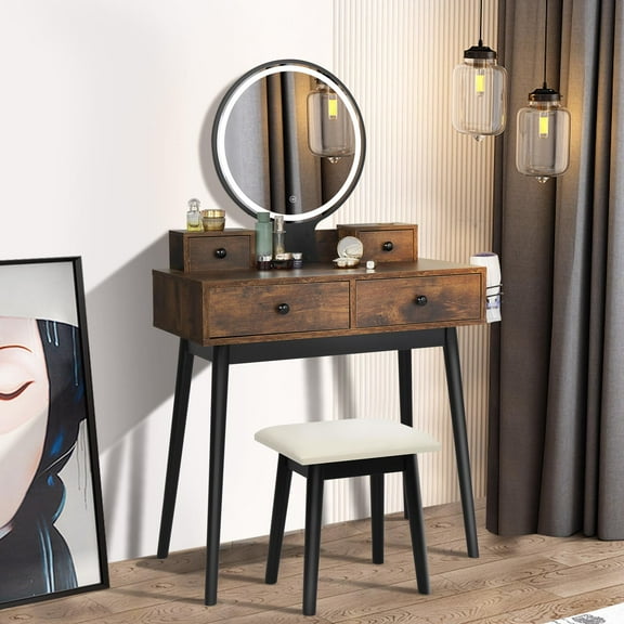 Ktaxon Vanity Table Set with 3 Color Lighted Mirror, Makeup Dressing Table with 2 Large Drawer, Dresser Table for Women