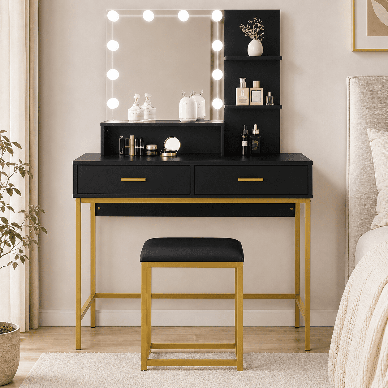 black and gold dressing table Ktaxon Vanity Set for Women with 3 Color Lighted Mirror, 2 Large Drawers, 3 Shelves, Makeup Table, luxury black makeup room