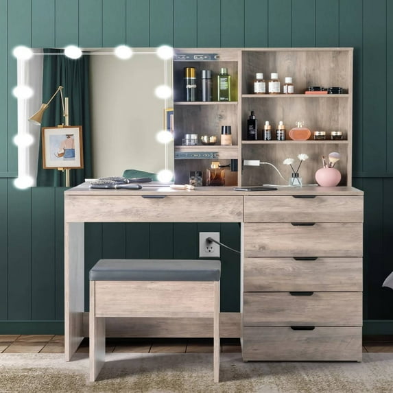 Zimtown Vanity Table Set with Charging Station for Bedroom, Makeup Dressing Table with Sliding Mirror, Gray