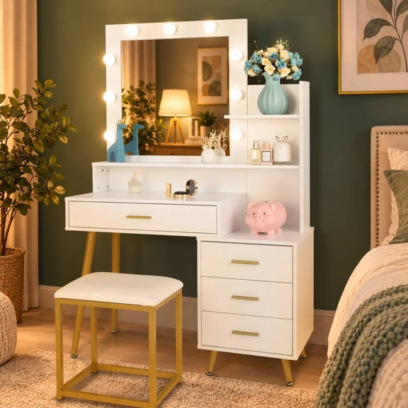 Ktaxon Vanity Table Set with Lighted Mirror, Makeup Table with 4 Drawers, Dressing Vanity Tables, Dresser Desk for Girls, Women, White