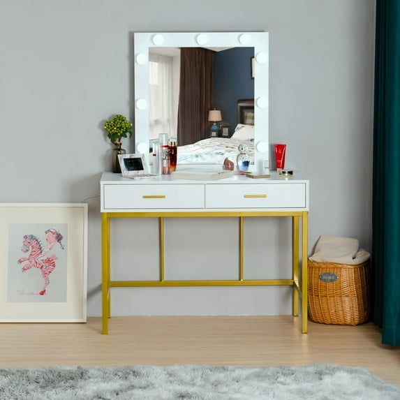 Ktaxon Vanity Table with Lighted Mirror, Makeup Vanity Dressing Table with Lights and Drawers for Girls, Women, Gold and White