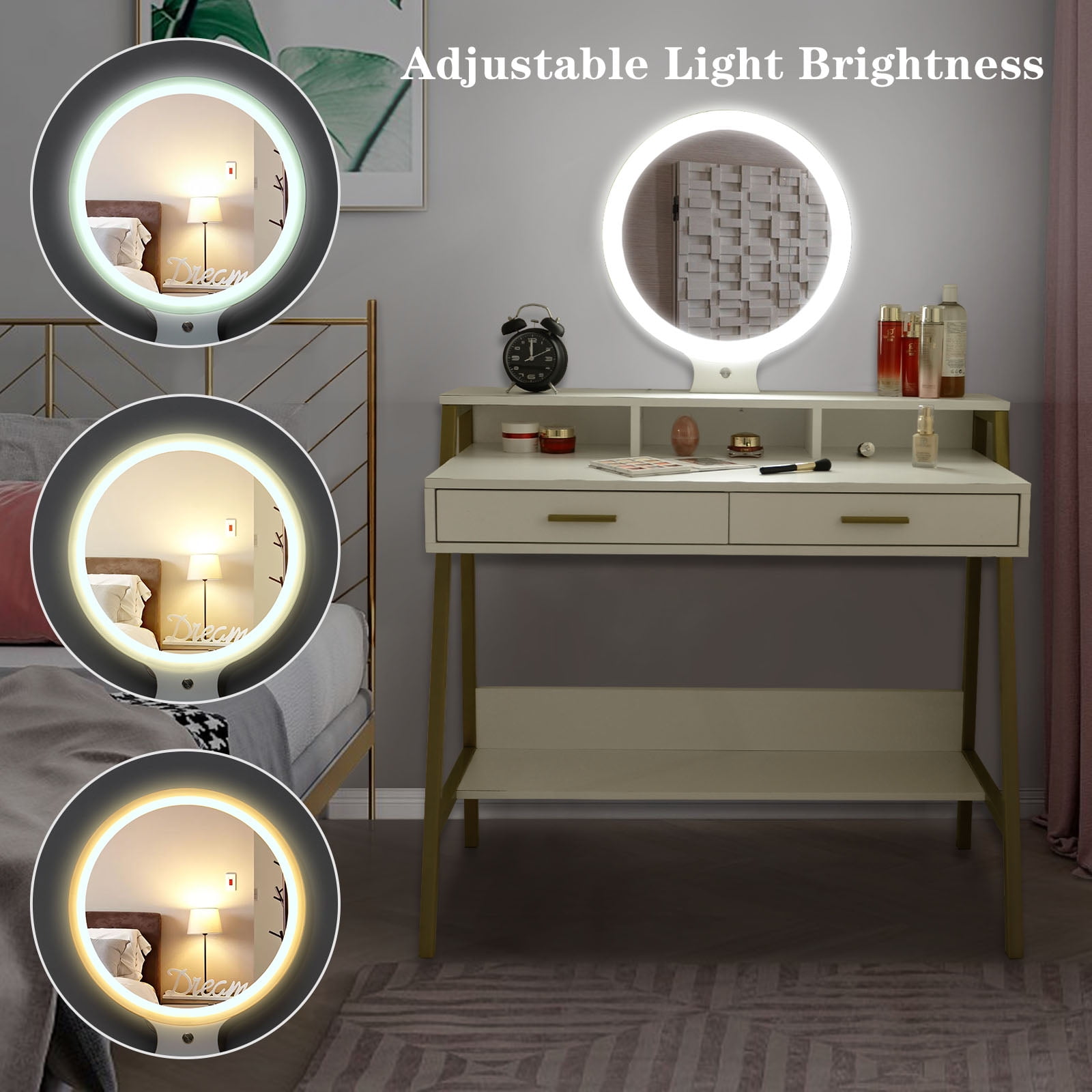 Ktaxon Vanity Table with Round 3 Colors Lighted Mirror, Makeup Dressing