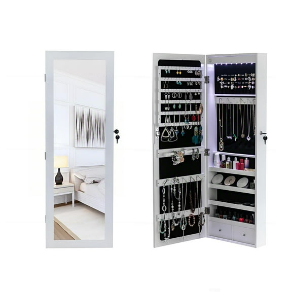 Ktaxon Wall Door Mounted Jewelry Armoire, LED Jewelry Cabinet, Full Length Mirror with Storage, White