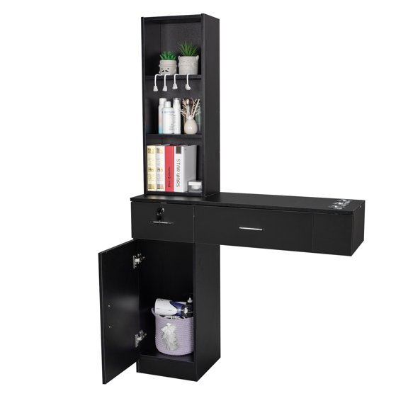Ktaxon Wall Mount Hair Barber Station, Styling Salon Cabinet with 2 Drawers, Black