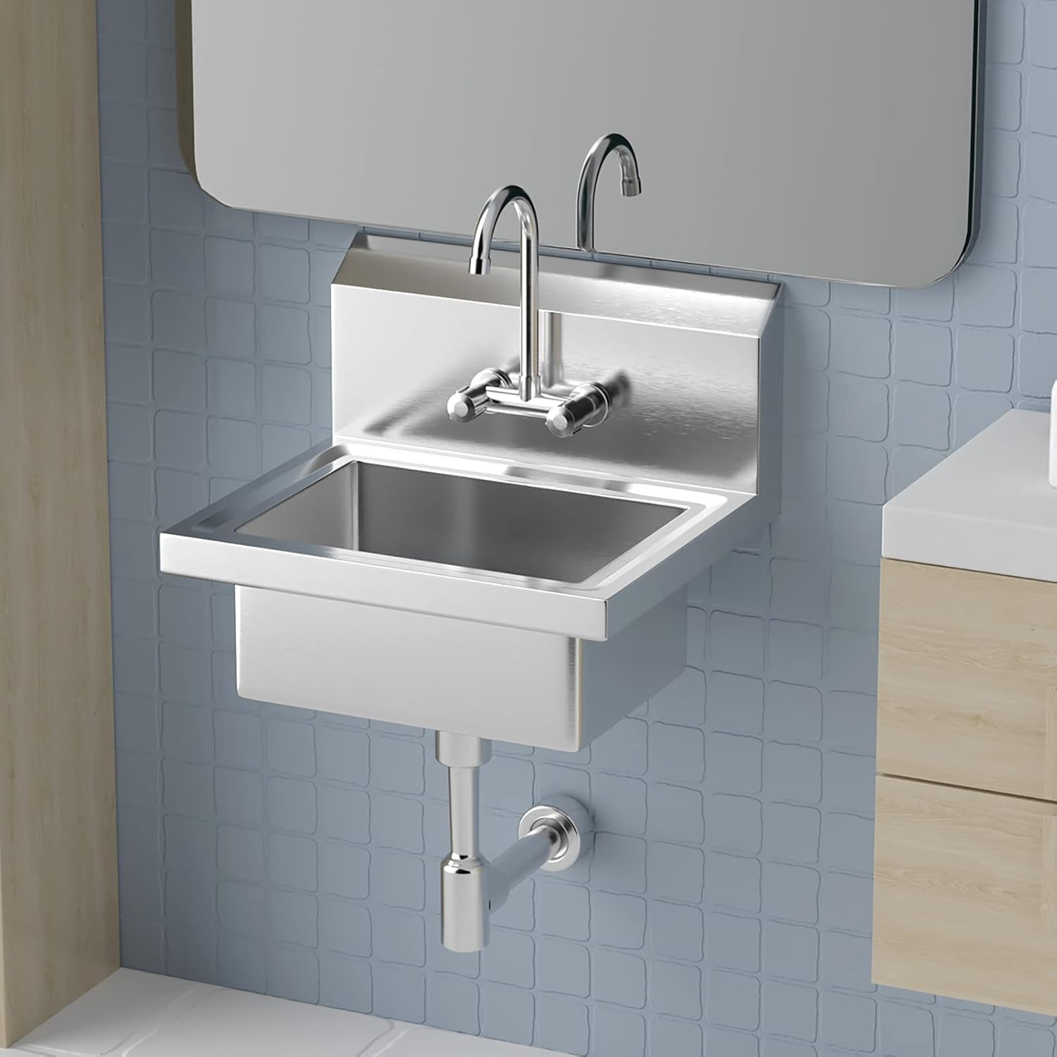 Ktaxon Wall Mount Stainless Steel Hand Sink with Hot&Cold Faucet, Commercial Hand Washing Basin Utility Sink with Drainer, for Commercial Restaurant Home Kitchen Workshop