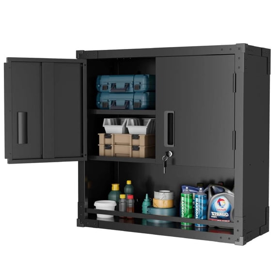 Ktaxon Wall Mounted Metal Garage Storage Cabinet w/ Lock & Adjustable Shelf, Floating Steel Tool Organizer w/ Open Guardrail Shelf, 30 x 12 x 30, Black