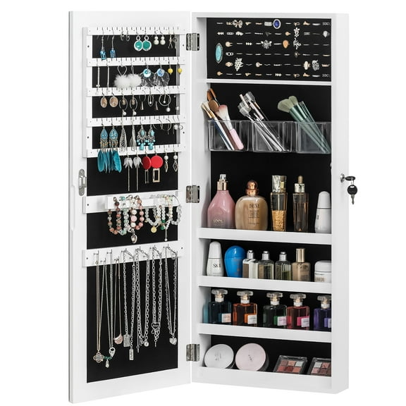 Ktaxon Mirror Jewelry Cabinet,  Lockable Jewelry Armoire Wall Mounted over The Door Hanging, Storage Organizer, Gift Idea, White