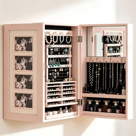 Ktaxon Wall Mounted Mirrored Jewelry Cabinet Armoire Makeup Storage Organizer Wood Box, Pink