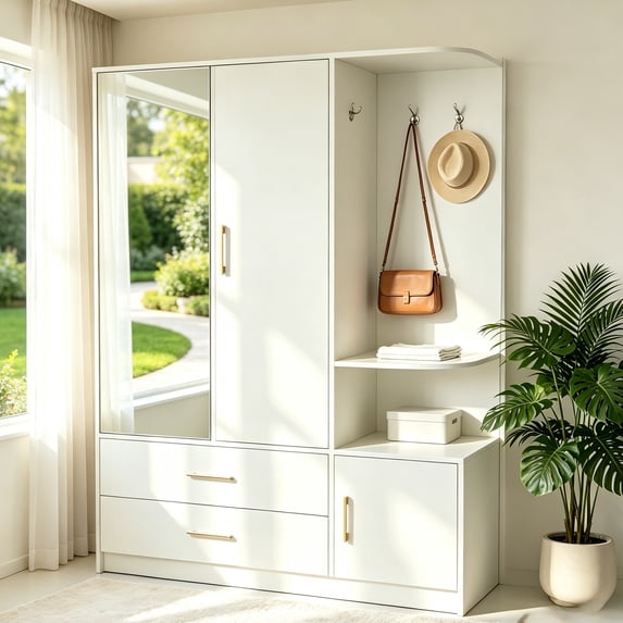 Ktaxon Wardrobe Armoire Closet with 2 Door Mirror Hanging Rod Open Shelf, Large Capacity Storage Closet for Bedroom, Modern Drawer & Shelf Elegant White Finish Closet