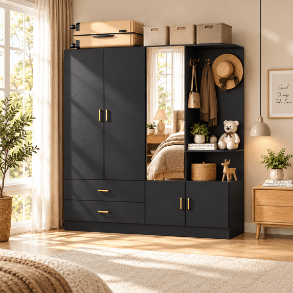 Ktaxon Wardrobe Armoire Closet with 3 Door Mirror Hanging Rod Open Shelf, Large Capacity Storage Closet for Bedroom, Modern Drawer & Shelf Elegant Black Finish Closet