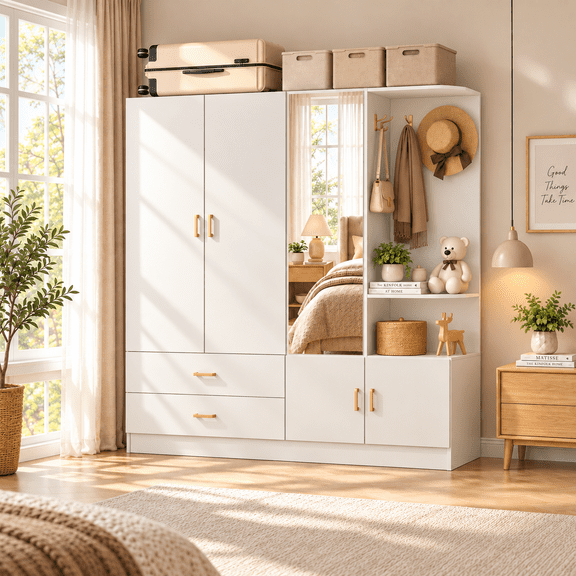 Ktaxon Wardrobe Armoire Closet with 3 Door Mirror Hanging Rod Open Shelf, Large Capacity Storage Closet for Bedroom, Modern Drawer & Shelf Elegant White Finish Closet