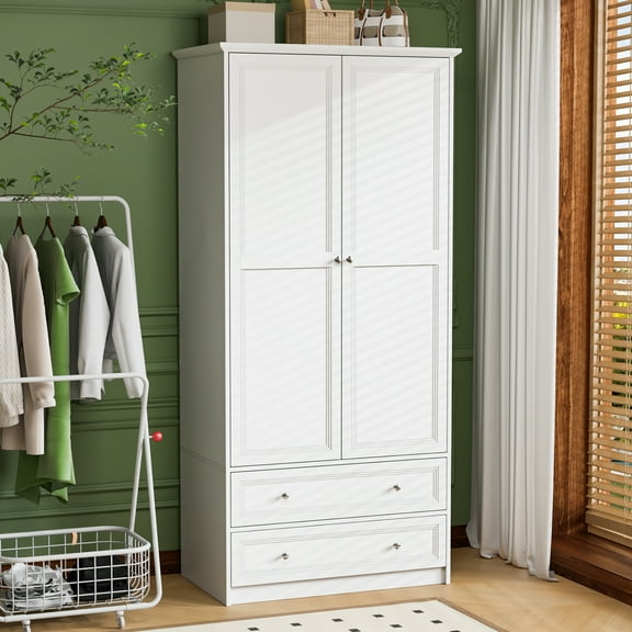 Ktaxon Wardrobe Armoire Closet with Hanging Rod, Modern Drawer & Shelf – Elegant White Finish Closet, Farmhouse to Mid-Century Style
