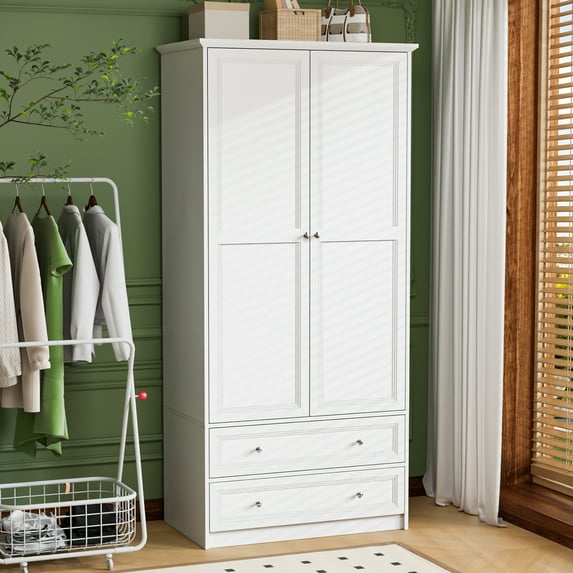 Ktaxon Wardrobe Armoire Closet with Hanging Rod, Modern Drawer & Shelf – Elegant White Finish Closet, Farmhouse to Mid-Century Style