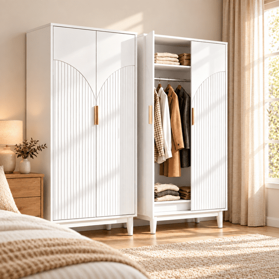 Ktaxon 2 Door Fluted Wardrobe Armoire Closet with Hanging Rod, Modern Drawer Dresser Shelf Elegant White Finish Closet, Farmhouse to Mid-Century Style