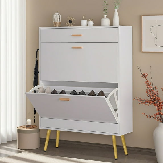 Ktaxon White Shoe Cabinet with 2 Flip Drawers, 16 Pairs Capacity, Wood Narrow Design for Entryway