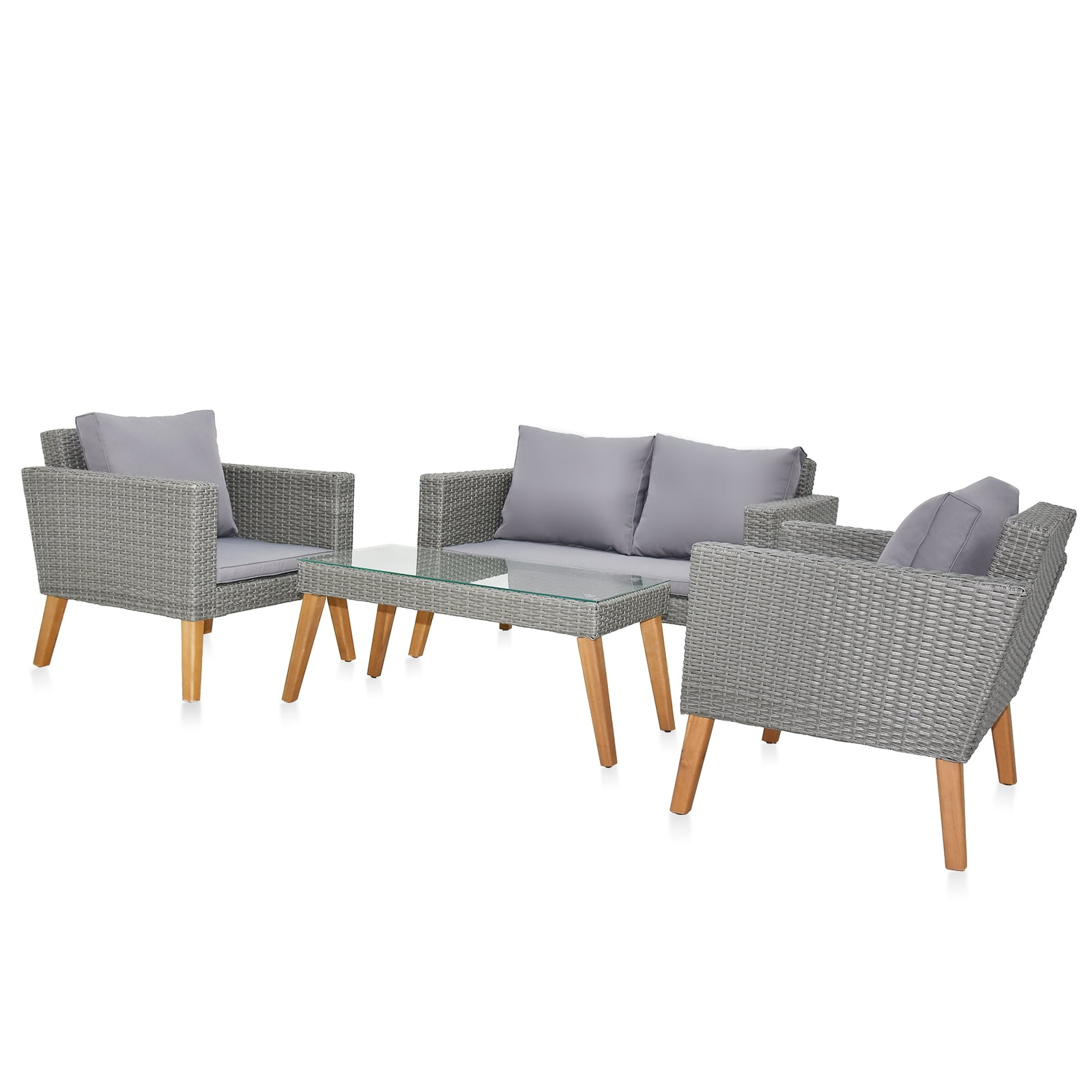 Gray Wicker and Acacia Wood 4-Piece Patio Conversation Set