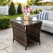 Ktaxon Side Table Porch Square Side Coffee Table with Glass Top, Rattan End Table for Outdoor and Indoor, Brown