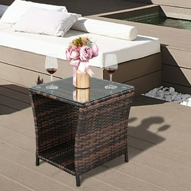 Ktaxon Wicker Side Table Porch Square Side Coffee Table with Glass Top, Rattan End Table for Outdoor and Indoor, Brown