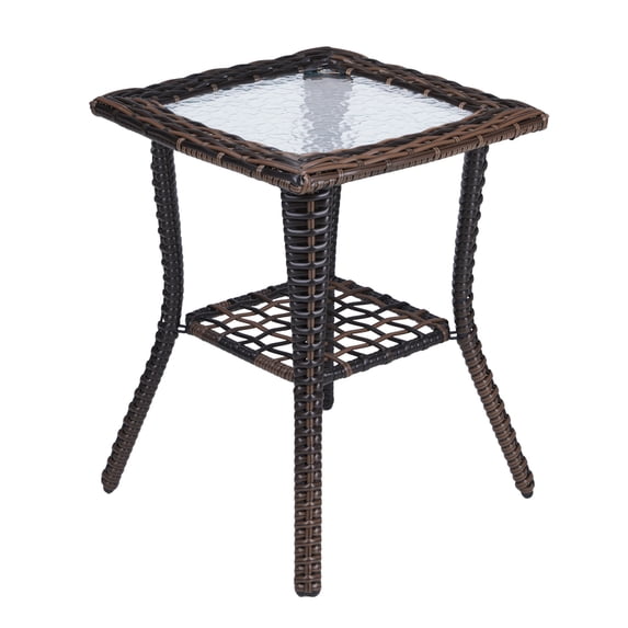 Ktaxon Outdoor Wicker Side Table 17.9in, Rattan End Table with Glass Top for Patio Balcony Garden, Brown