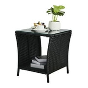 Ktaxon Wicker Side Table, Small Size Coffee End Table Outdoor Side Table for Garden, Deck, Porch, Yard w/ Glass Table Top, Black