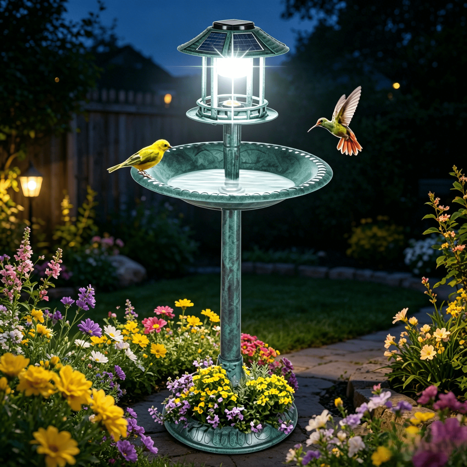 Ktaxon Wild Bird Bath Resin Pedestal Birdbaths with Solar Light  Antique Sculpture Finish Garden Decor Dark Green