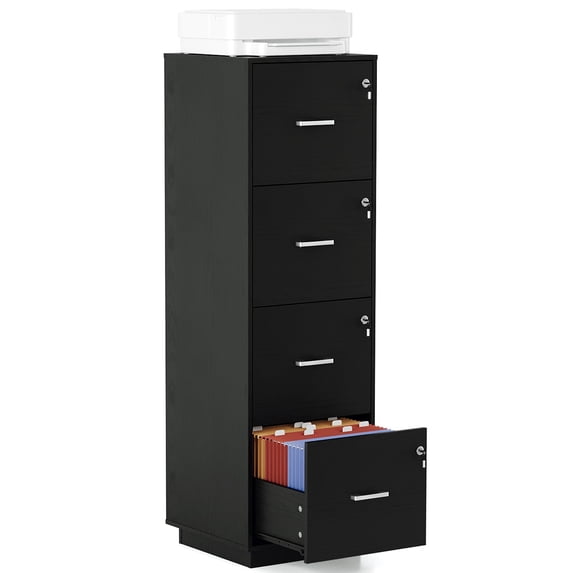Ktaxon Wood 4-Drawer Lateral File Cabinet with Lock for Home Office, Lockable Filing Cabinet, Easy to Assemble, Black
