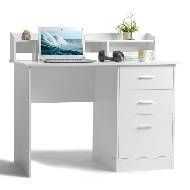 Ktaxon Wood Computer Desk Office Laptop PC Work Table Writing Desk with 3 Drawers File Cabinet for Letter Size White