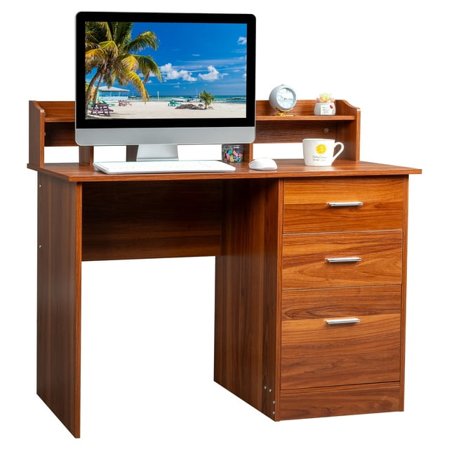 Ktaxon Wood Computer Desk Office Laptop PC Work Table, Writing Desk with 3 Drawers File Cabinet for Letter Size,Wulnut