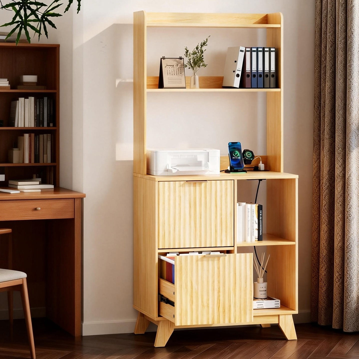 Ktaxon Wood 2 Drawer File Cabinet with Adjustable Shelves Charging Station Dresser Office Cabinet, Filing Cabinet with Socket, Printer Stand with Storage Shelves for Home Office Study