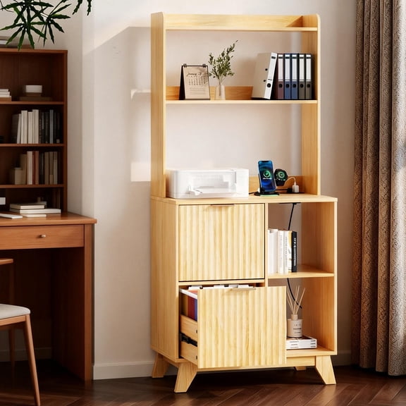 Ktaxon Wood 2 Drawer File Cabinet with Adjustable Shelves Charging Station Dresser Office Cabinet, Filing Cabinet with Socket, Printer Stand with Storage Shelves for Home Office Study