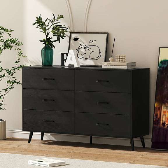 Ktaxon Wood Dresser for Bedroom, 6 Drawer Double Dresser with Metal Handles, 15.8" D x 52.3" W x 33" H, Black
