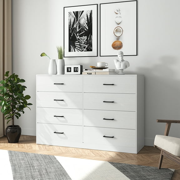 Ktaxon Wood Dresser for Bedroom, 8 Drawer Double Dresser with Metal Handles, 15.8" D x 57" W x 35" H, White