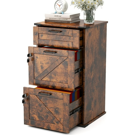 Ktaxon Wood File Cabinet with Lock 3-Drawer Lateral Office Filing Organizer  with Rustic Metal Handles for Home Office Rustic Brown
