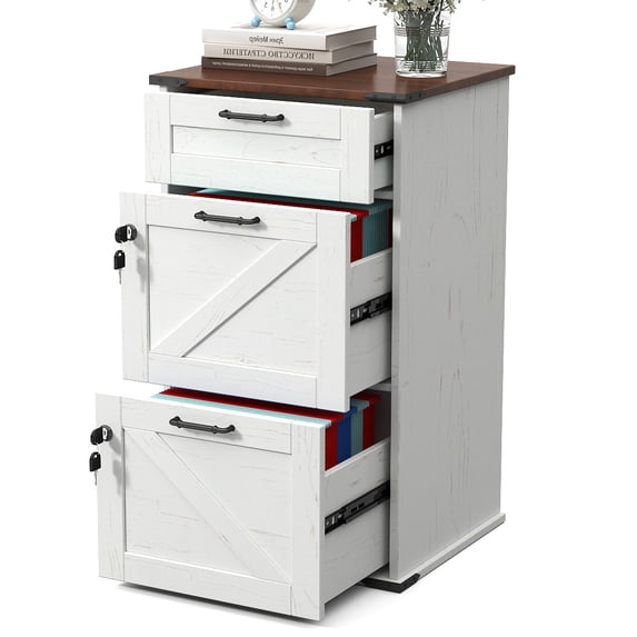 Ktaxon Wood File Cabinet with Lock 3-Drawer Lateral Office Filing Organizer with Rustic Metal Handles for Home Office, Rustic White