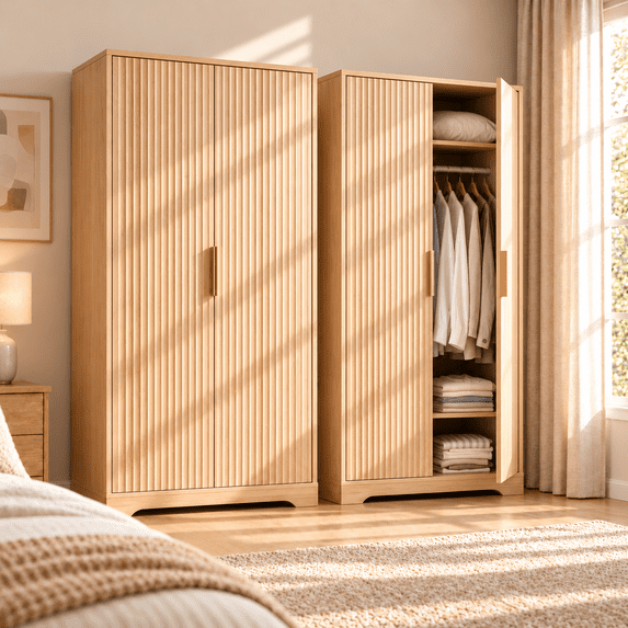 Ktaxon Wood Fluted Wardrobe Armoire Closet with Hanging Rod, Modern Drawer Shelf Closet with Handles, Farmhouse to Mid-Century Style