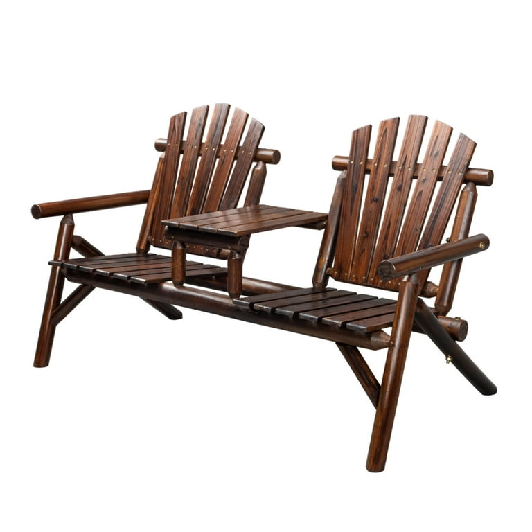 Ktaxon Wood Garden Bench Patio Adirodnack Chair for 2 Person with Coffee Table for Garden Patio Deck Yard Lawn Carbonized Color Walmart