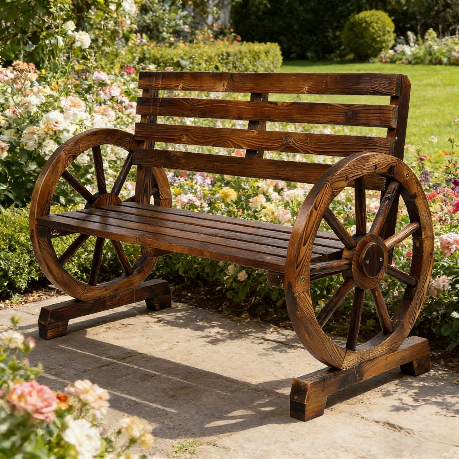 NO 48三角屋根　welcome MY Garden 5段　ブラウン Ktaxon Wooden Garden Bench with Wagon Wheel Design, Rustic Fir