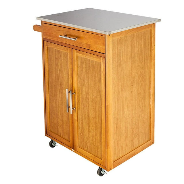 Ktaxon Portable Wood Kitchen Trolley with Large Storage, Stainless Steel Top, Drawer, Double