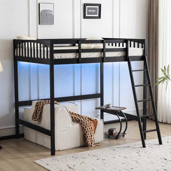 Ktaxon Wood Loft Bed Frame with LED Light, Full Size Loft Bed with Flat Rungs & USB Charging Station, Black