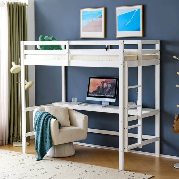 Ktaxon Wood Loft Bed Frame with LED Light, Twin Size Loft Bed with Desk & 2 Charging Station, White