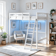 thumbnail image 1 of Ktaxon Wood Loft Bed Frame with LED Light, Twin Size Loft Bed with Flat Rungs & USB Charging Station, White, 1 of 11