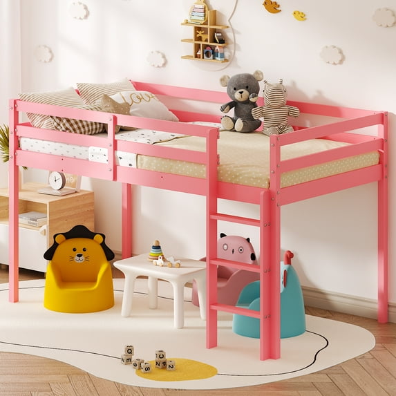 Ktaxon Wood Loft Bed Twin Size with Ladder, Solid Wood Low Loft Bed Frames for Girls Boys, Pink