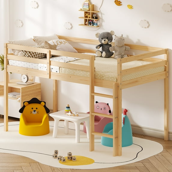 Ktaxon Wood Loft Bed Twin Size with Ladder, Solid Wood Low Loft Bed Frames for Girls Boys, Wood Color