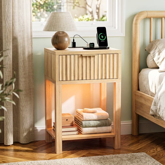 Ktaxon Wood Nightstand Set of 1 with Outlets & USB Ports LED Light, Modern End Table Bedside Table, Oak