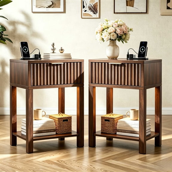Ktaxon Wood Nightstand Set of 2 with Outlets & USB Ports LED Light, Modern End Table Bedside Table, Brown