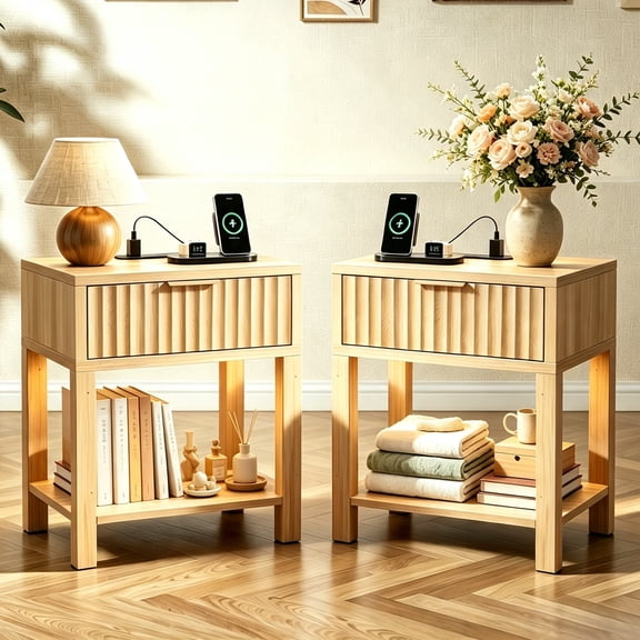 Ktaxon Wood Nightstand Set of 2 with Outlets & USB Ports LED Light, Modern End Table Bedside Table, Oak