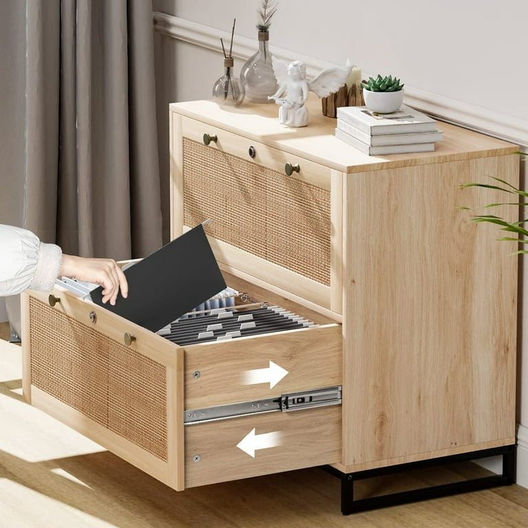 Ktaxon Wood Rattan 2-Drawer Lateral File Cabinet with Lock, Oak